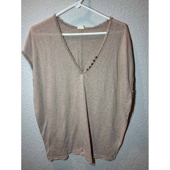 Hyku V-Neck Top Raw Hem Dolman Sleeve Casual Blouse Brown Large - Picture 1 of 5